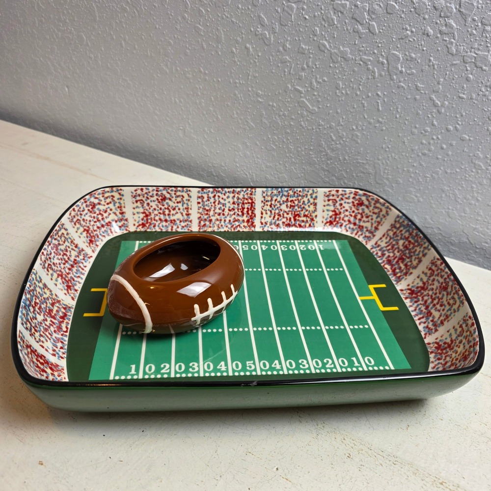 Football Stadium Chip and Dip Set Ceramic Field Platter and Football Bowl 2pc